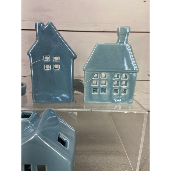 Woodland Wonders Blue Ceramic Candleholders Farmhouse Homes 4 Piece Set - Picture 3 of 7